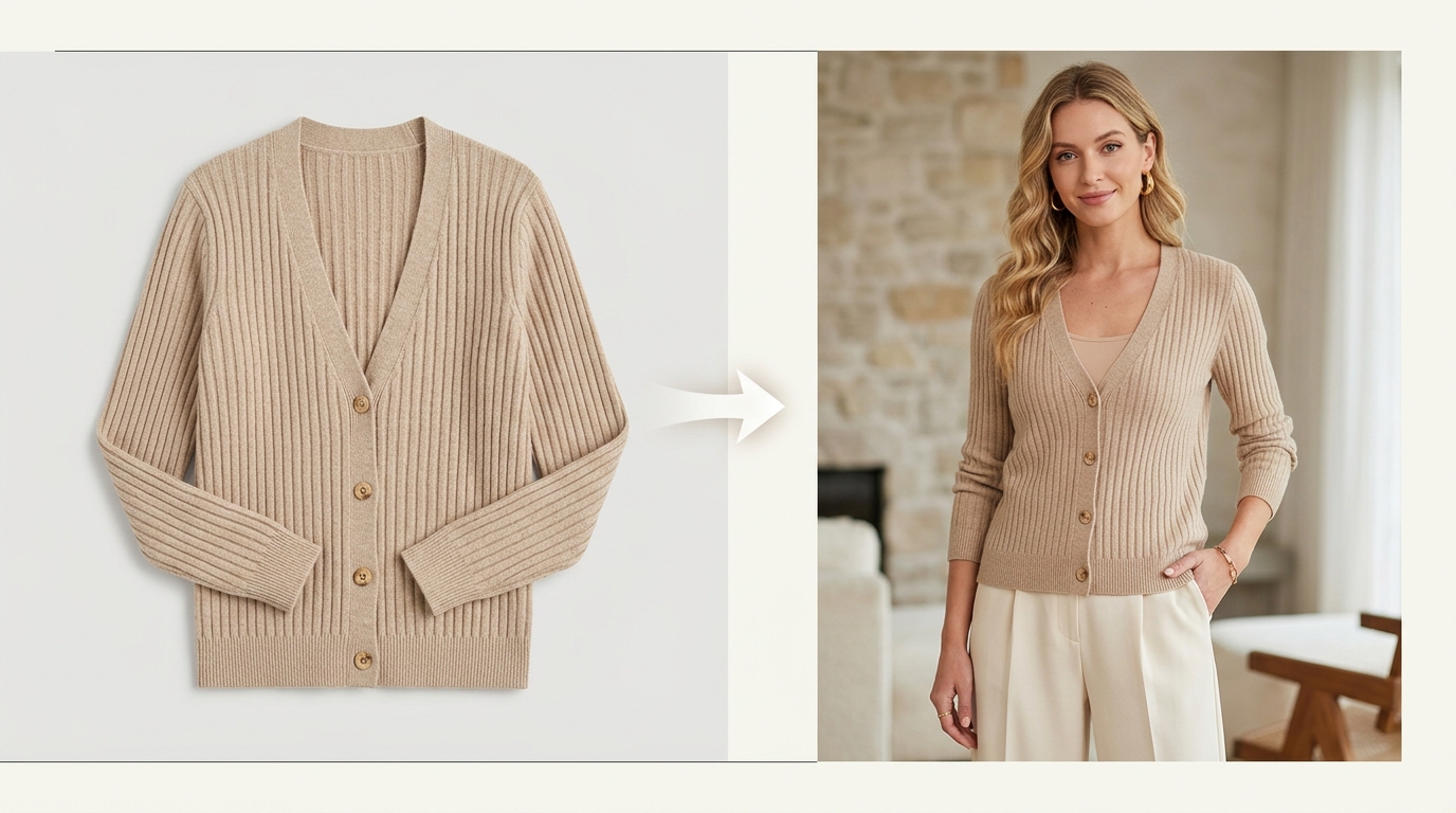 Clean flat lay cardigan transformed into on-model studio photography