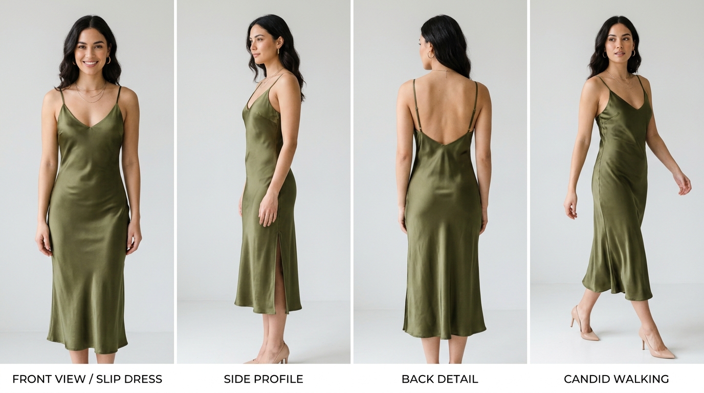 Multi-angle lookbook set showing front view, side profile, back detail, and walking pose