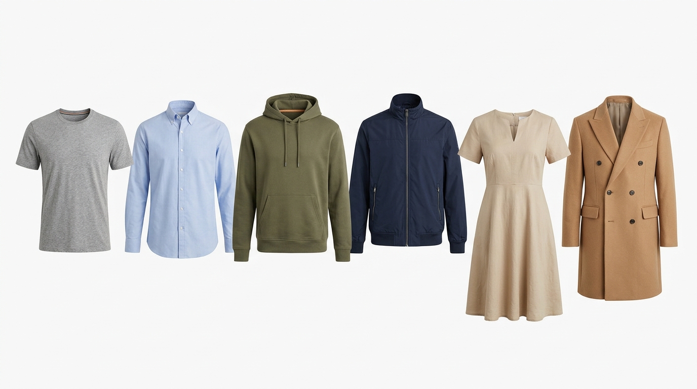 Best apparel types for ghost mannequin photography: T-Shirts, Shirts, Hoodies, Jackets, Dresses, and Coats