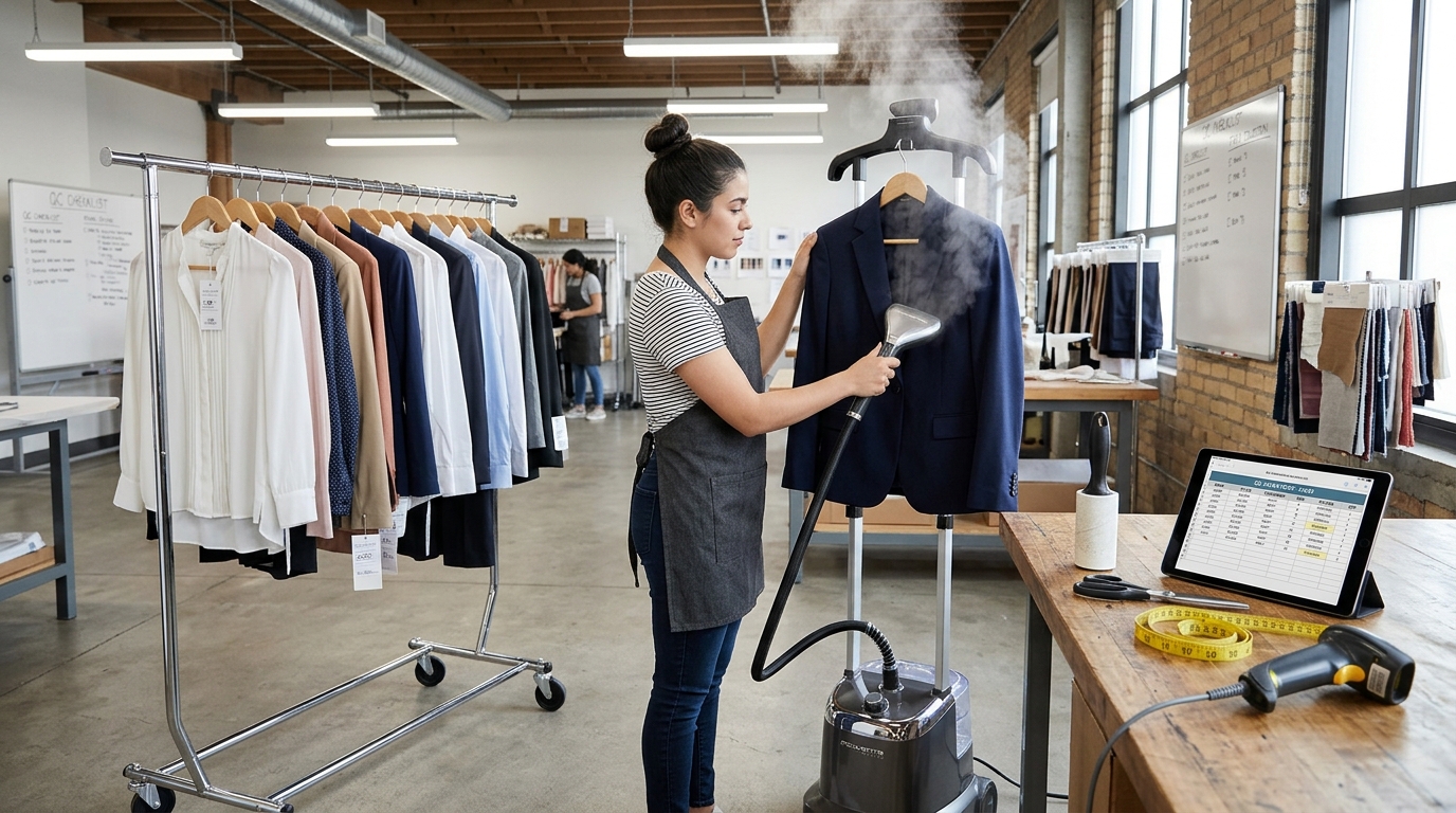 Garment preparation and quality control station with commercial upright steamer, lint rollers, barcode scanner, and inventory checklist tablet