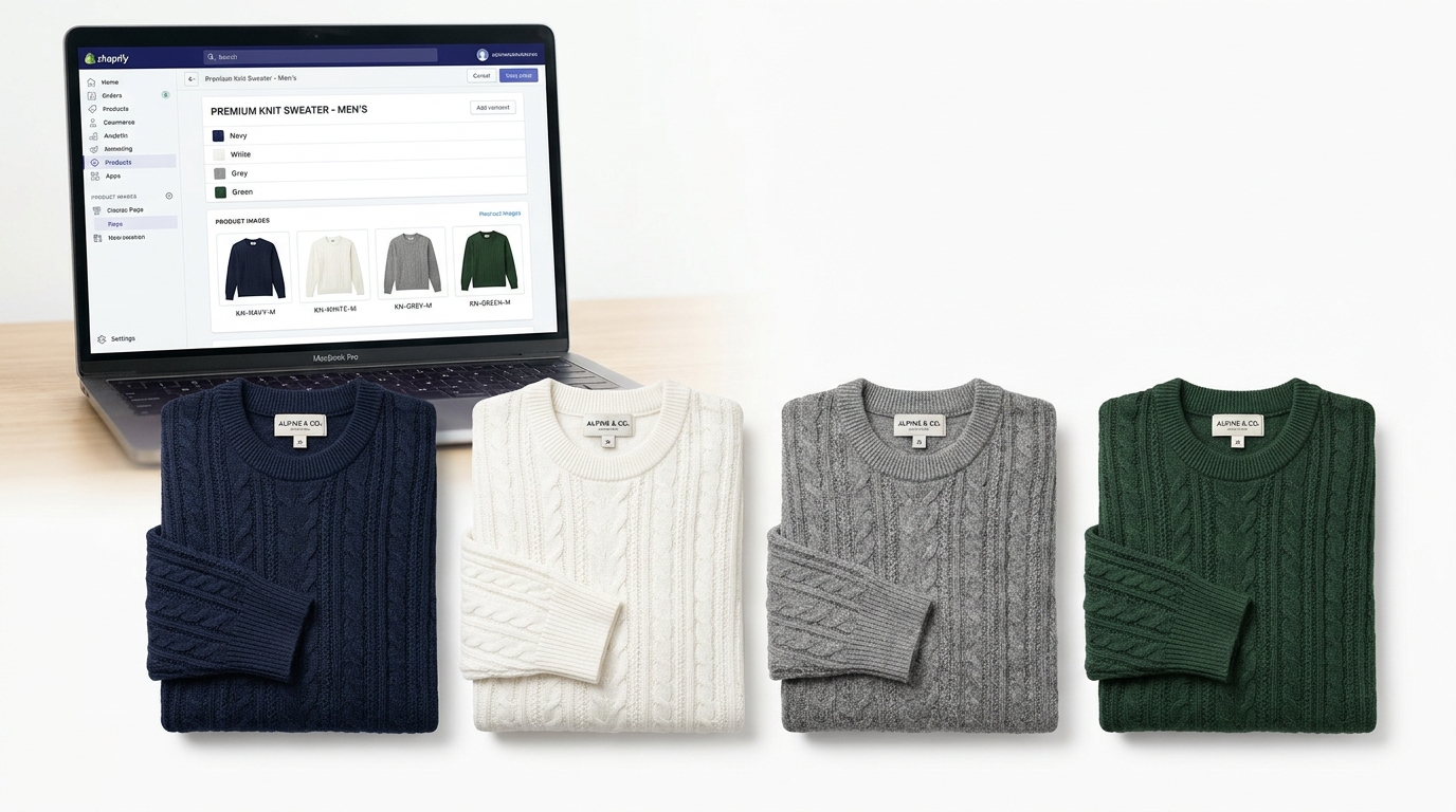 Apparel catalog color variant consistency showing four identical style knit sweaters in Navy, White, Grey, and Green aligned with Shopify variant image mapping dashboard