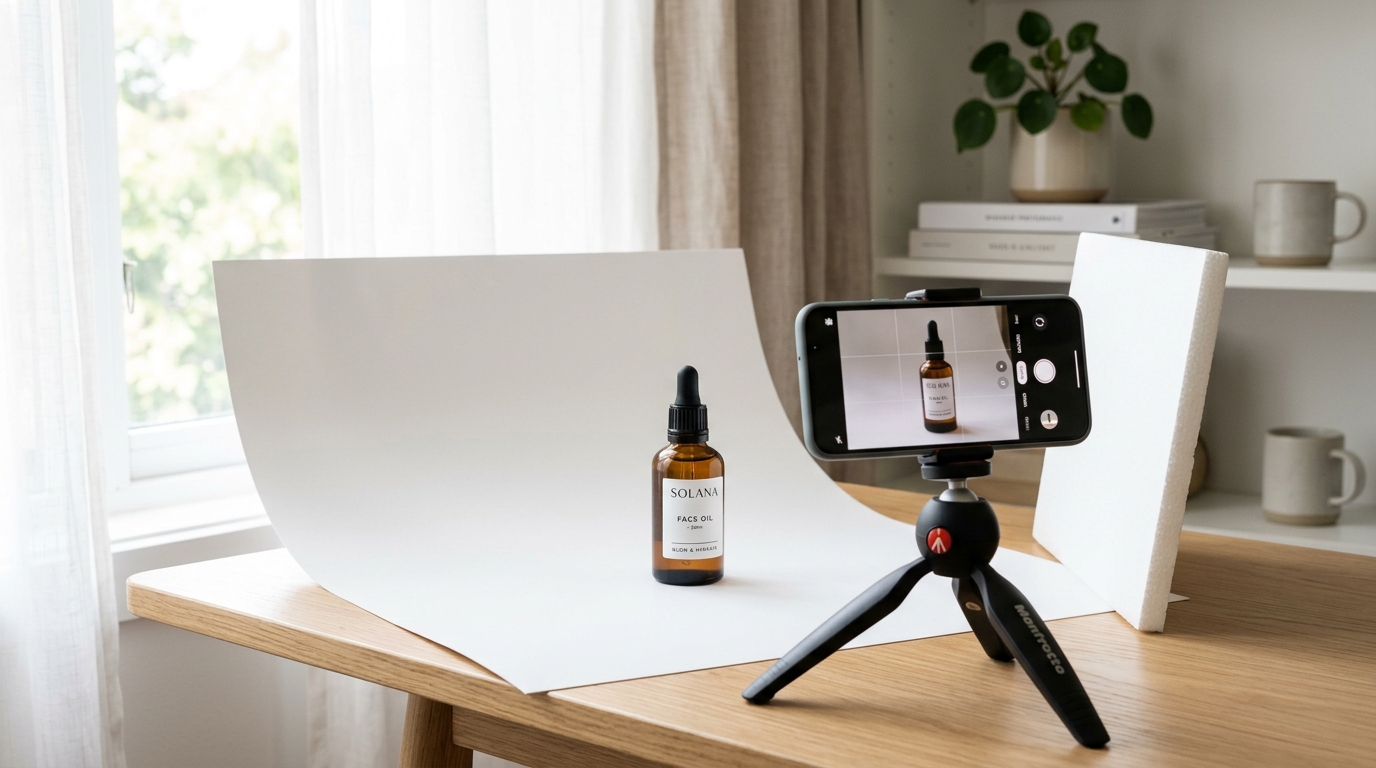 Beginner DIY product photography setup with a phone, window light and white backdrop