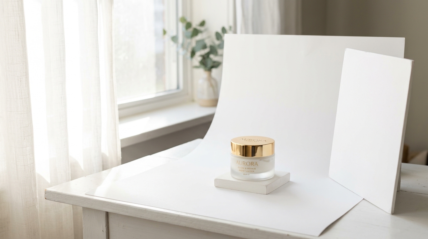 Product on a white sweep beside a window with soft natural light