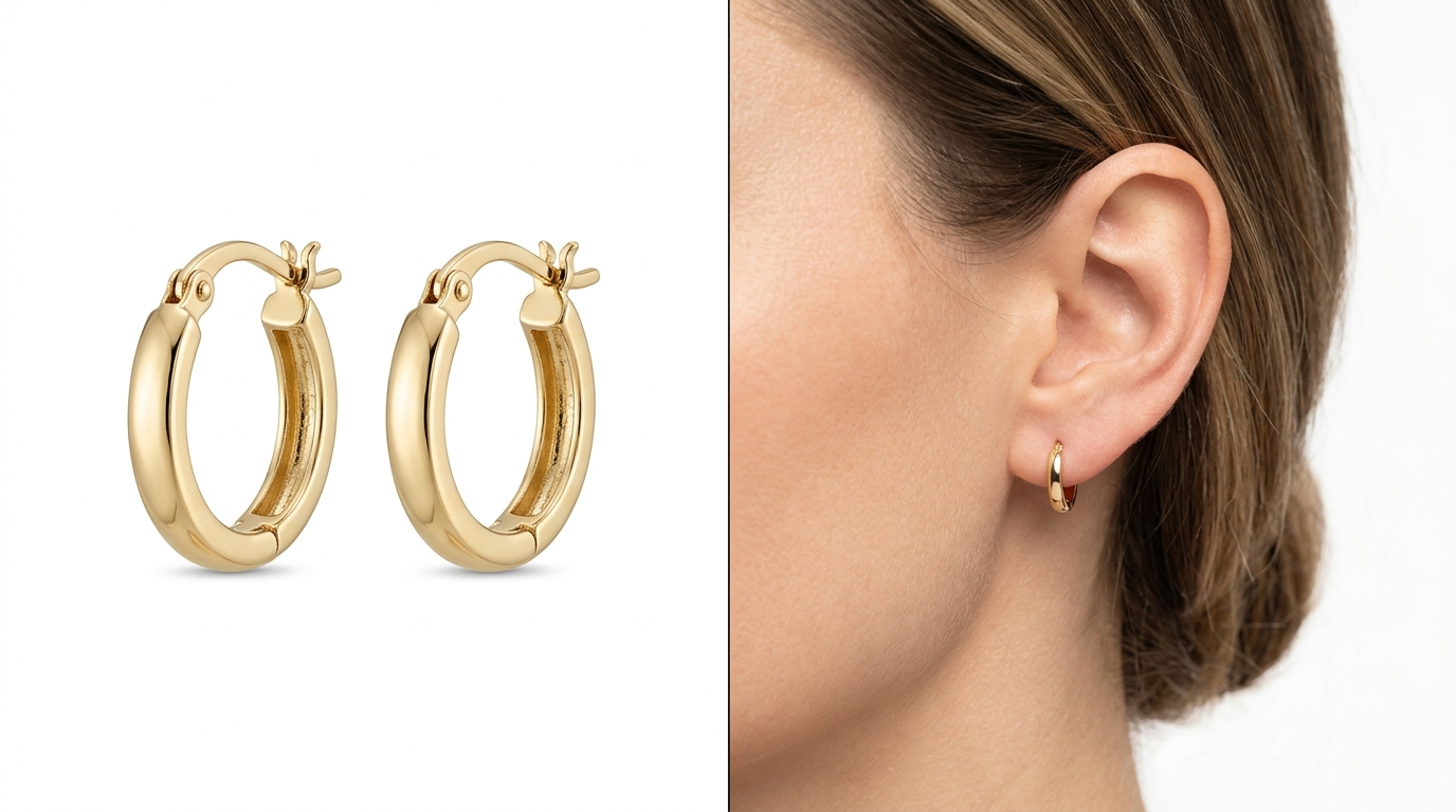 Clean product packshot vs on-model earring scale demonstration