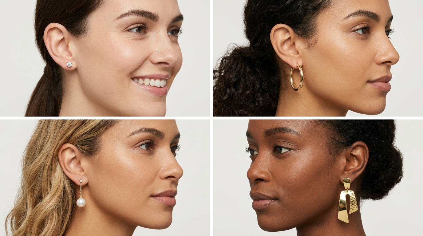 Different earring styles on models: studs, hoops, drop earrings, and statement jewelry