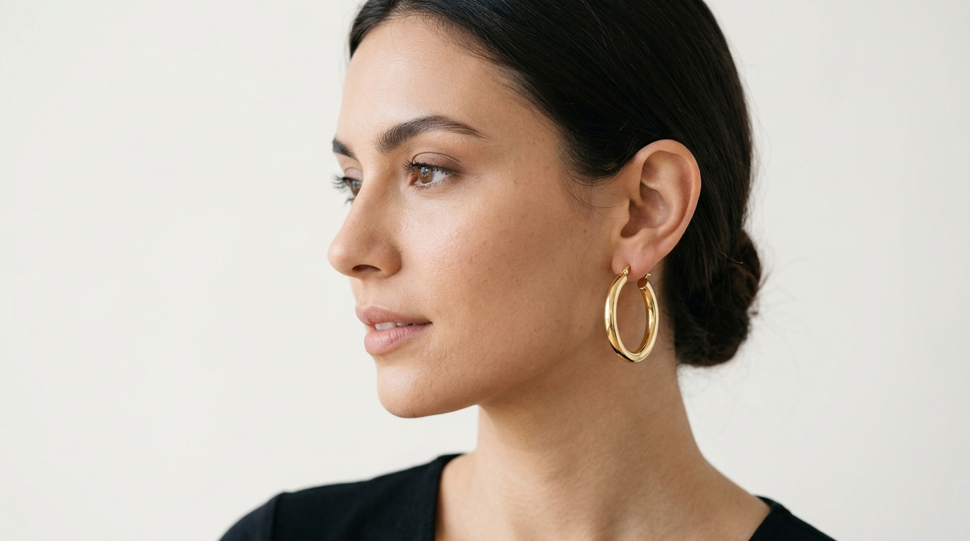 Close-up three-quarter on-model earring photography showing scale and placement