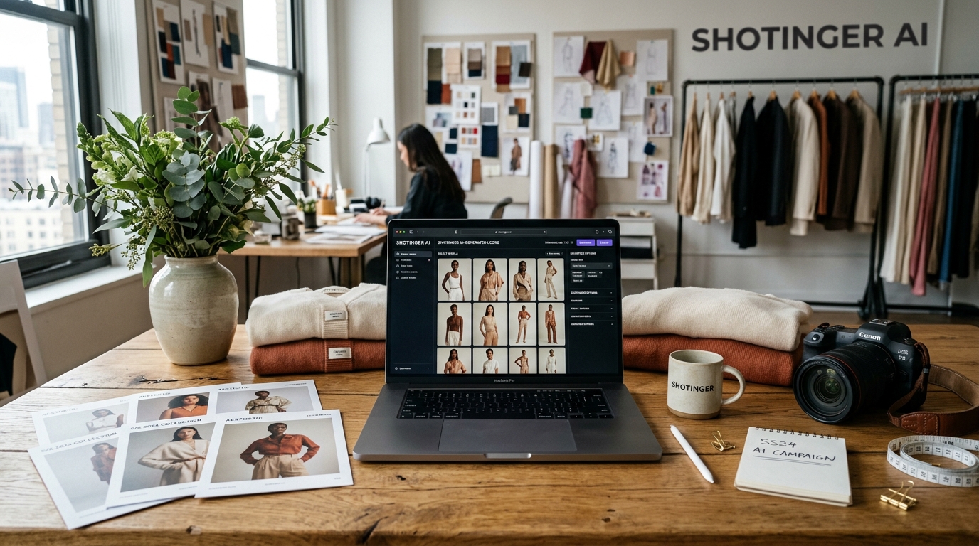 Creative studio desk with laptop running Shotinger AI fashion editor and printed lookbook cards