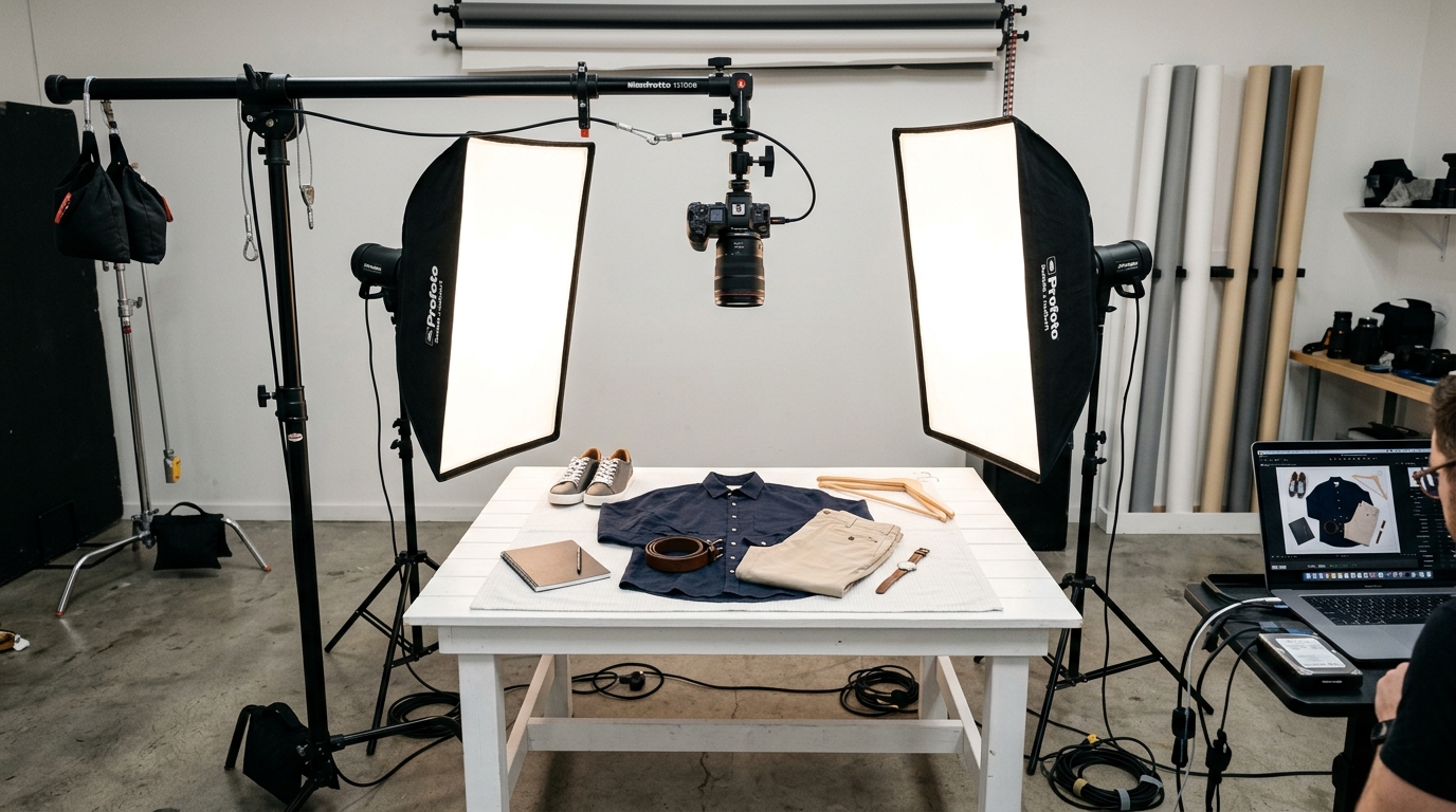 Overhead camera setup for flat lay clothing photography