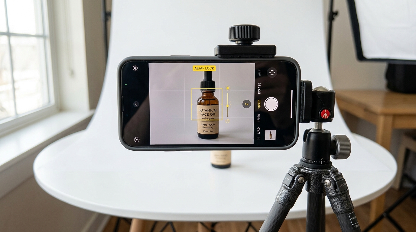 Close-up of iPhone screen on tripod showing AE/AF lock in yellow and exposure slider adjustment