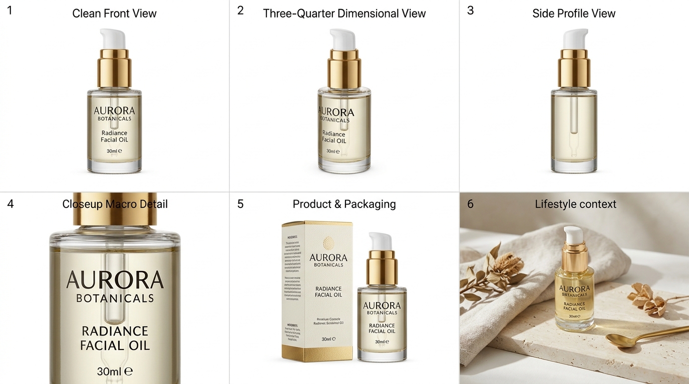 6-panel grid showing complete ecommerce product photography shot list: front, 3/4, side, macro, packaging, and lifestyle