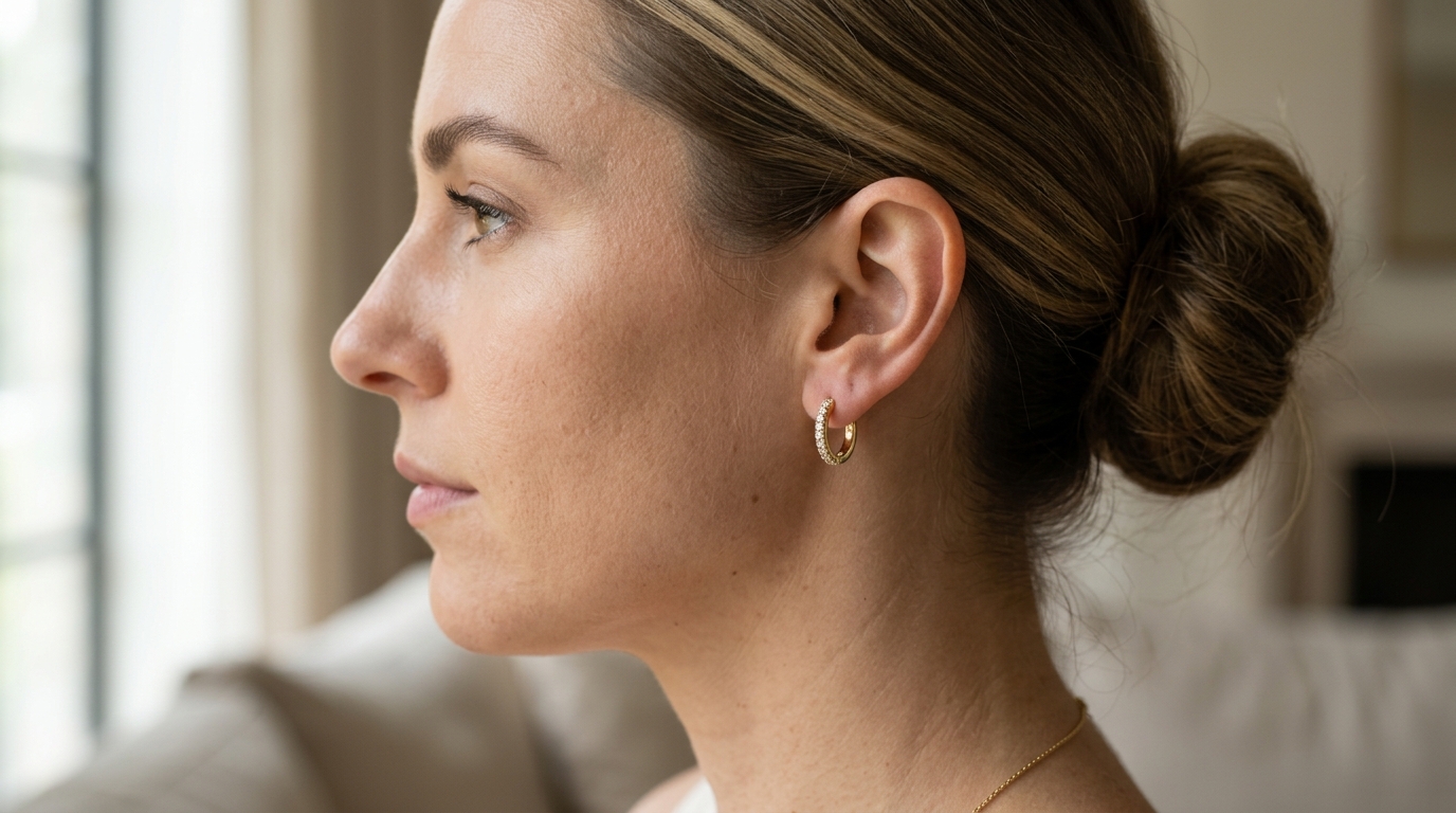 Close-up portrait of a woman wearing a gold hoop earring to show scale and placement