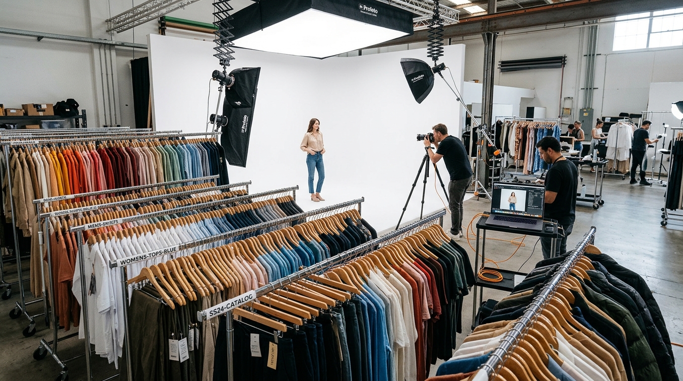 Commercial ecommerce apparel photography studio setup for large-scale clothing catalog production with organized rolling racks and tethered shooting station