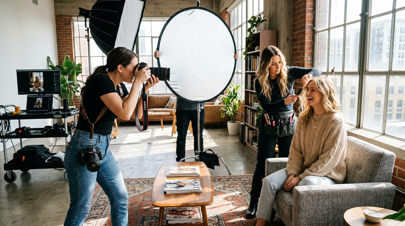 Photographer shooting a model wearing a knit sweater in a bright lifestyle setting