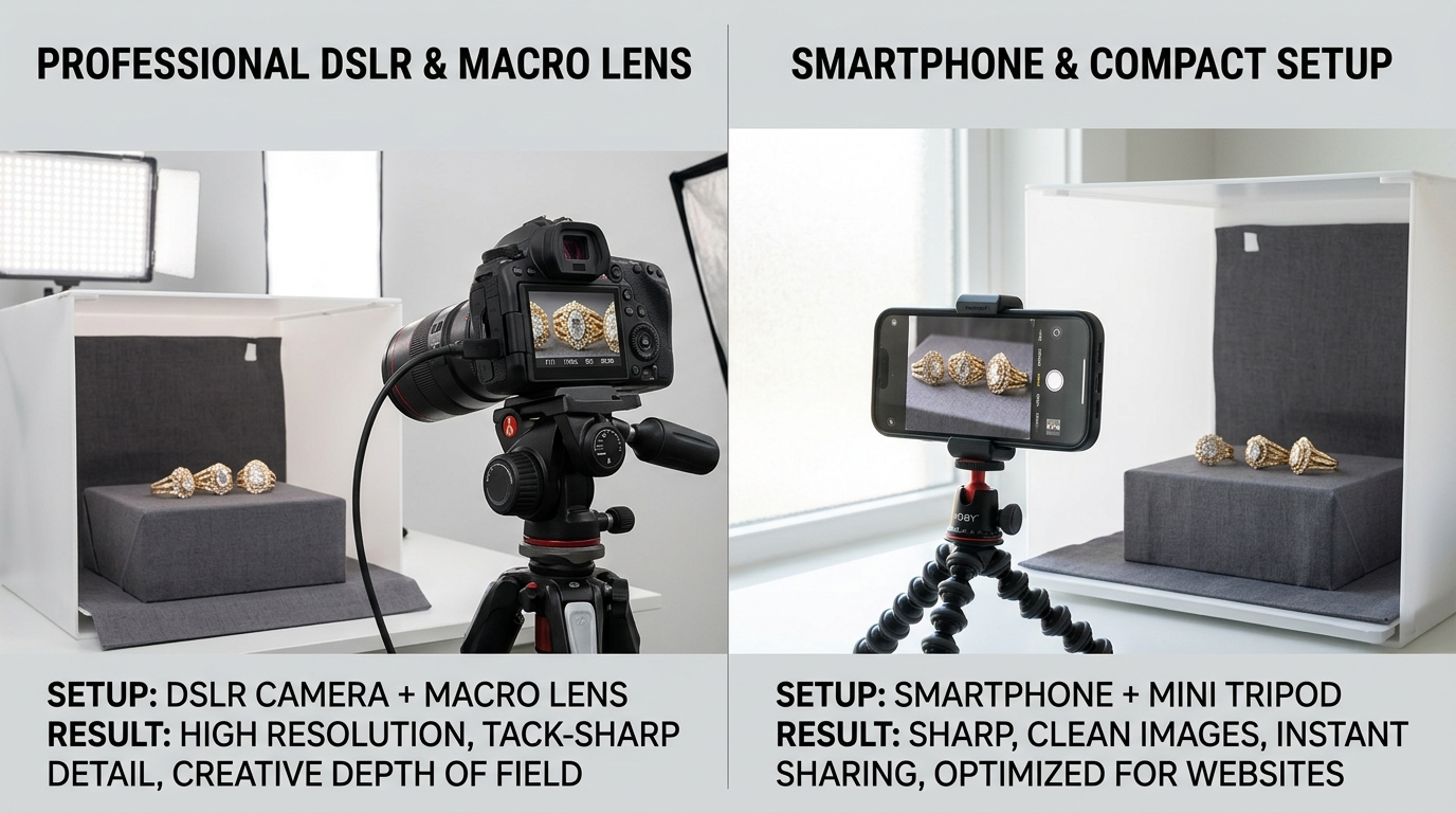 Smartphone and camera on tripods comparing jewelry product photography setups
