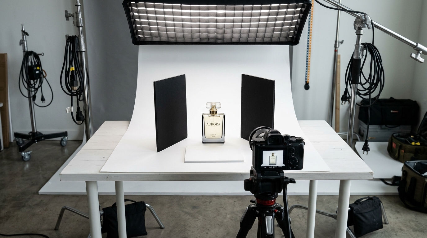 Behind-the-scenes perfume bottle photography studio setup with two black flags for glass edge definition and overhead softbox