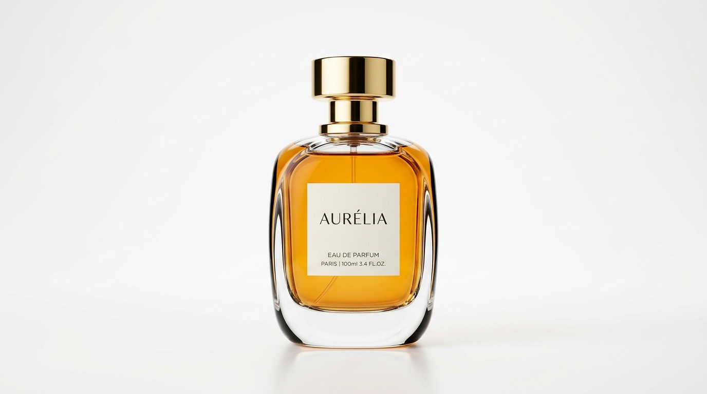 Luxury perfume bottle product photography on a clean seamless white background with controlled glass edge reflections