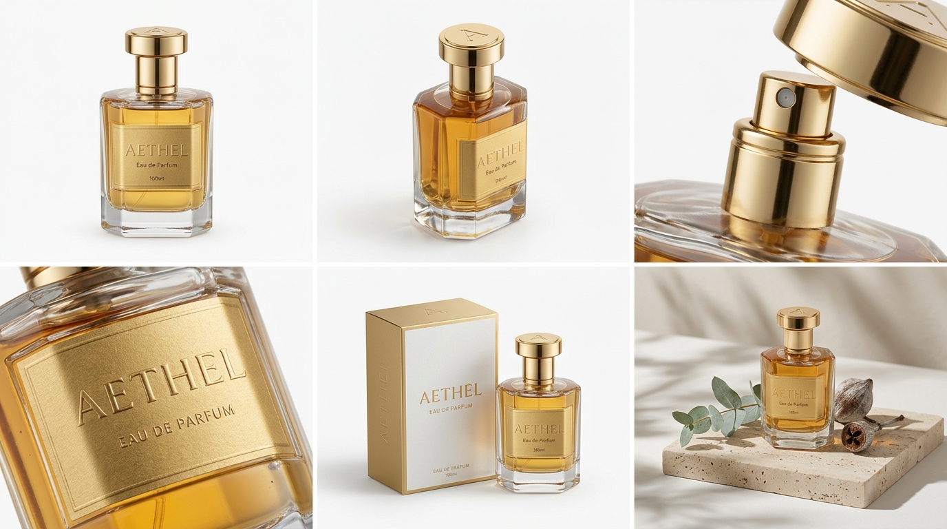 The 7-image perfume ecommerce photography system showing hero packshot, 3/4 depth, cap detail, embossed label, packaging box, and lifestyle scene