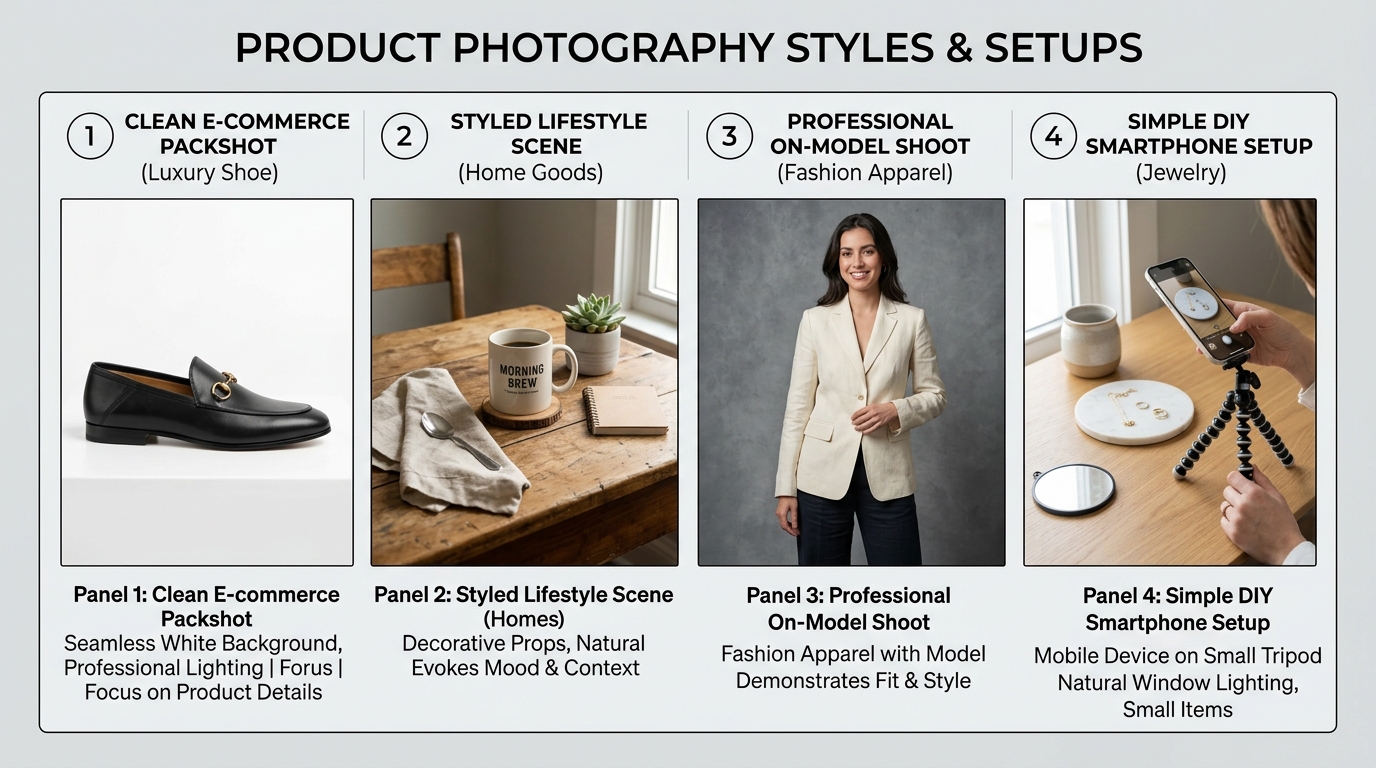Different product photography setups: white background, styled scene, on-model shot and DIY phone setup