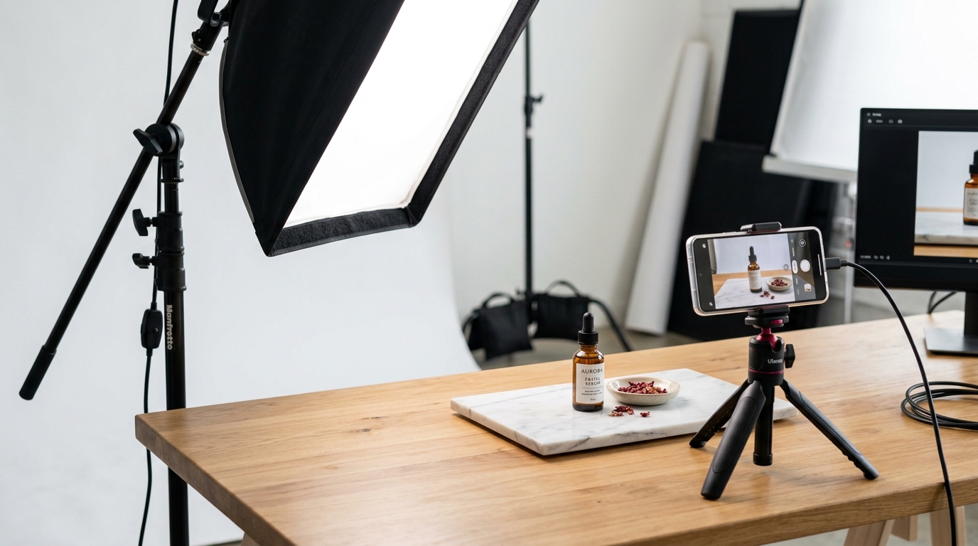 Softbox light positioned beside an ecommerce product photography setup