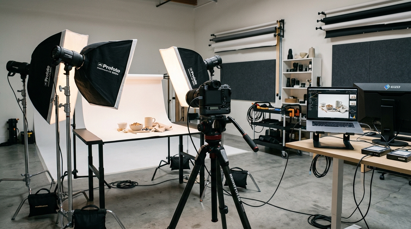 Professional product photography studio with lighting, camera and styling props