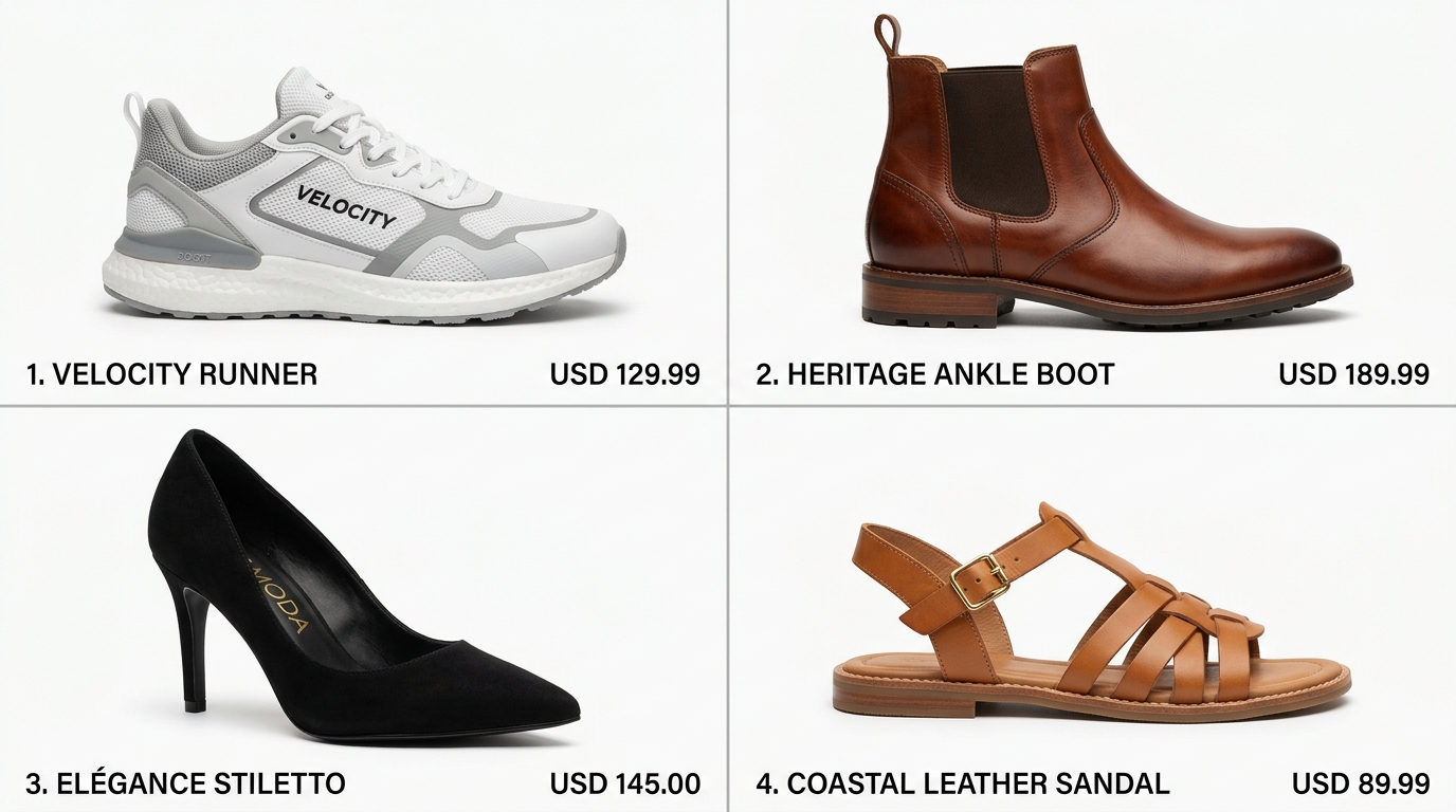 Four shoe types and material comparison showing sneakers, boots, heels, and sandals