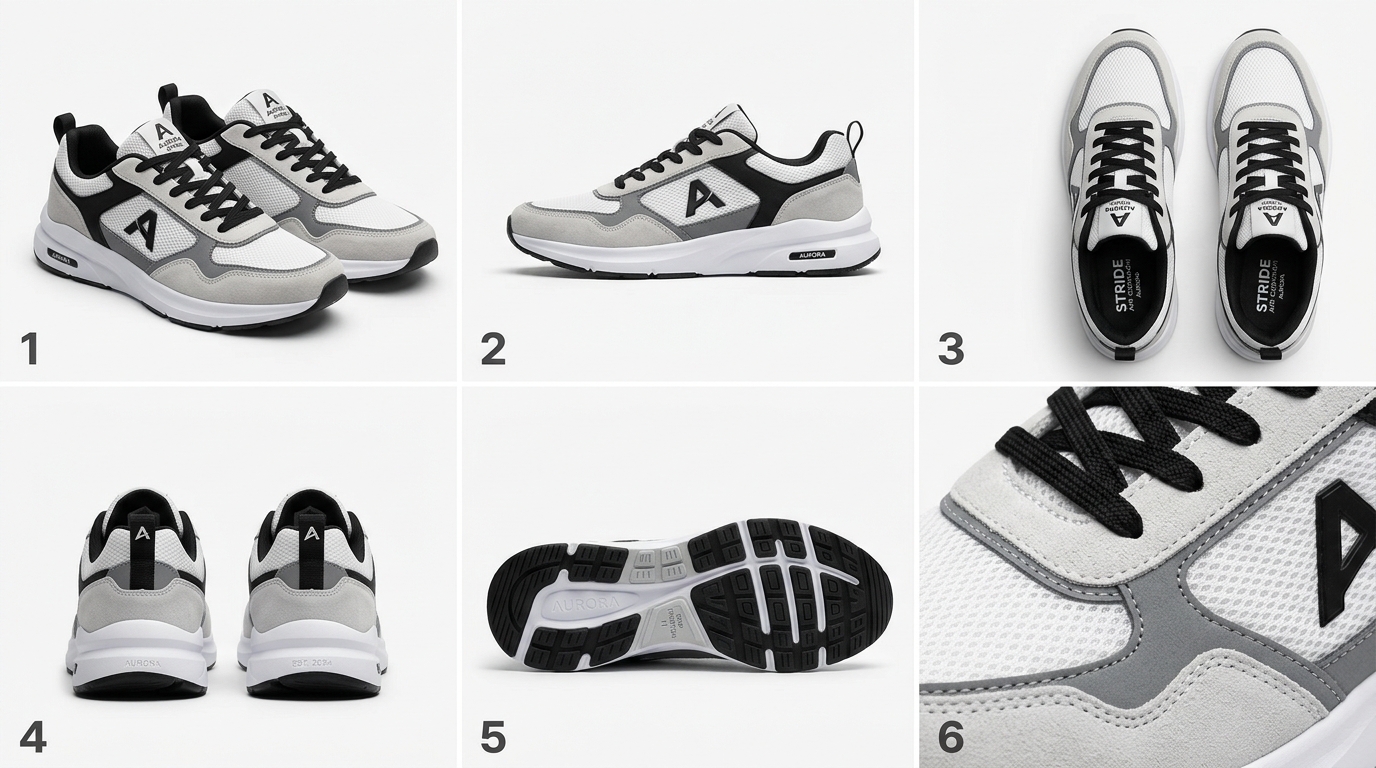 The 7-image shoe product photography system showcasing six essential studio angles