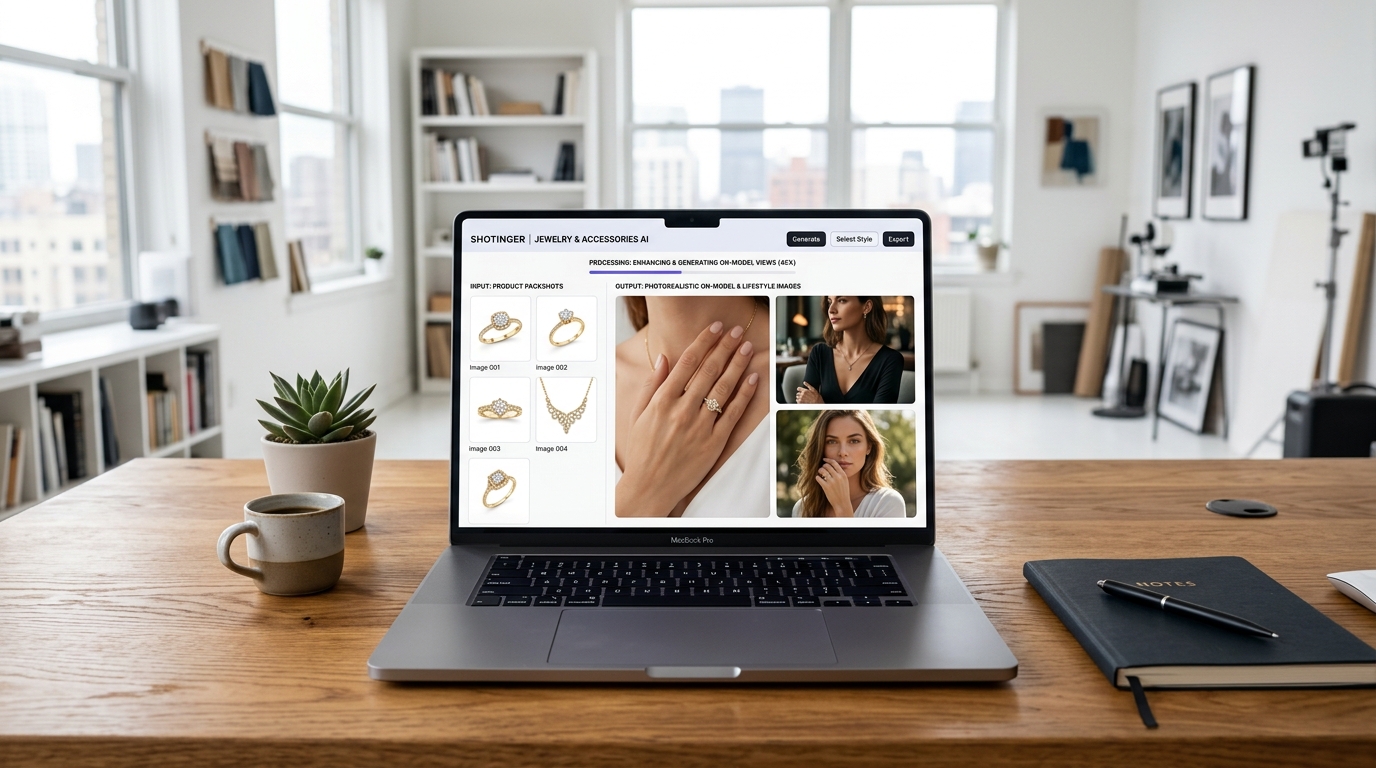 Laptop showing jewelry product and on-model visuals in an AI-assisted e-commerce workflow