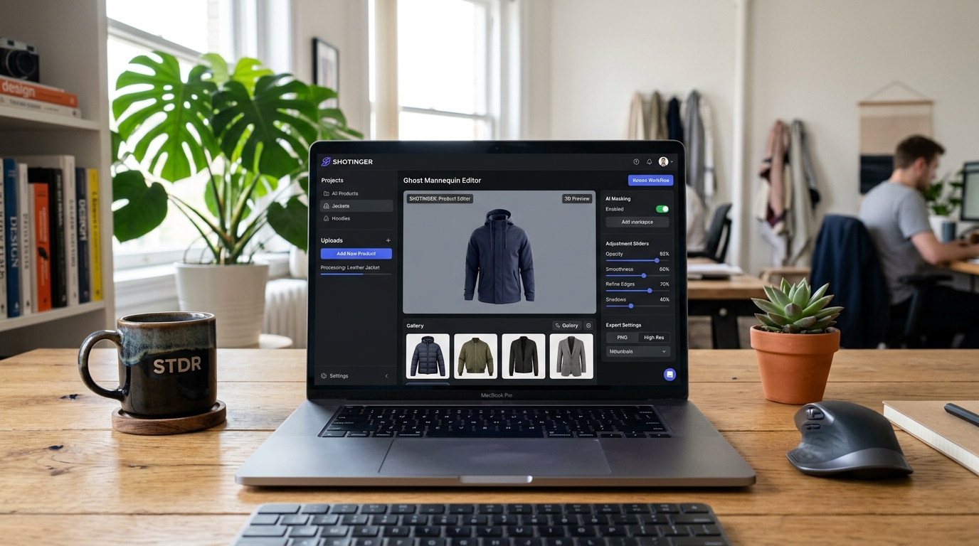 Shotinger Ghost Mannequin Editor web application interface on laptop in modern creative studio