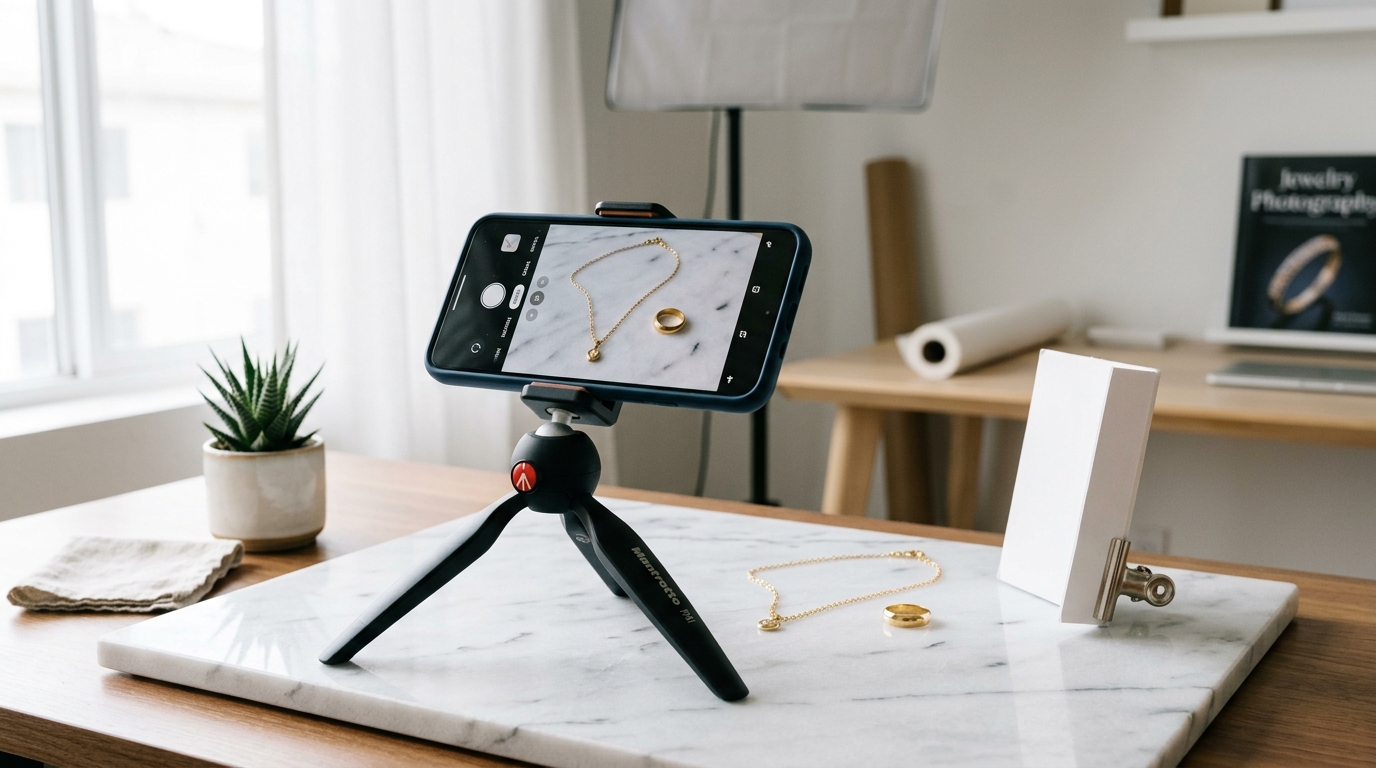 Smartphone on a small tripod photographing jewelry on a light marble surface