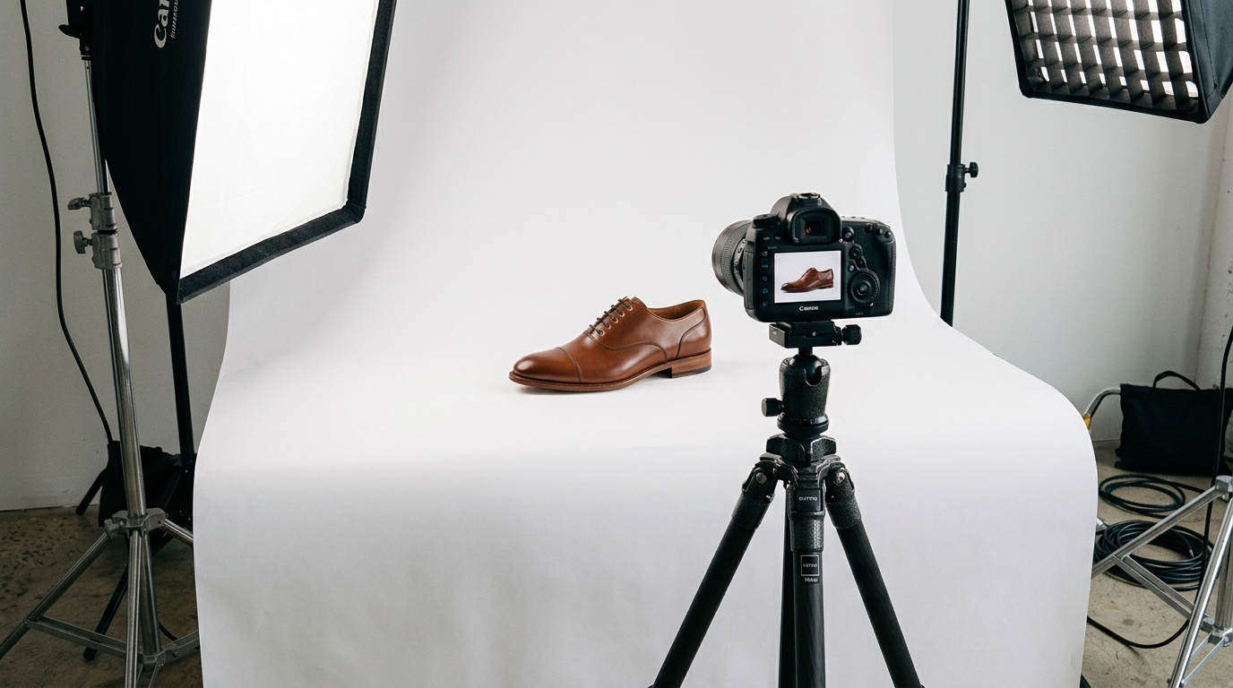 White background product photography setup with a shoe on seamless paper